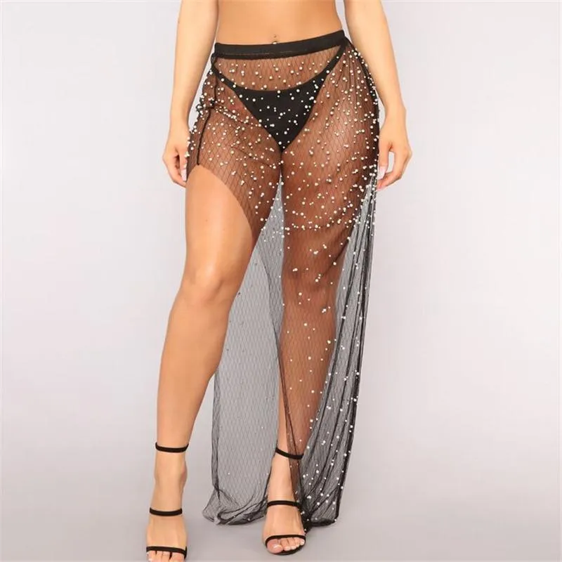 Sommarkvinnor klänning mesh pärla bikini wrap sarong baddräkt badkläder täcker damer lång kjol pareos de playa mujer sarongs