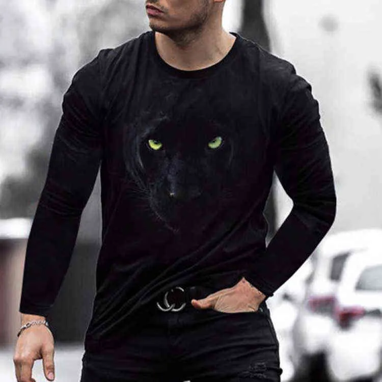 Long sleeve T-shirt, black panther digital print men`s, round neck loose summer T-shirt
