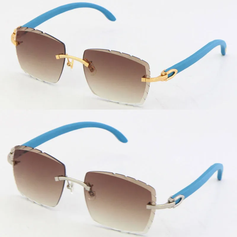 NEW Rimless Blue Wood C Decoration Vintage Luxury Sunglasses Hot Square shape face Carving Lens Unisex driving glasses 18K gold metal frame Eyewear male and female