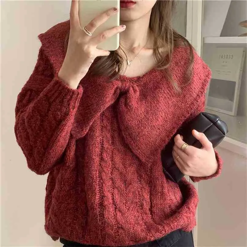 Korean Bow Vintage Lady High Street All Match Lazy Style Chic Casual Solid Sweet Soft Loose Sweaters 210525