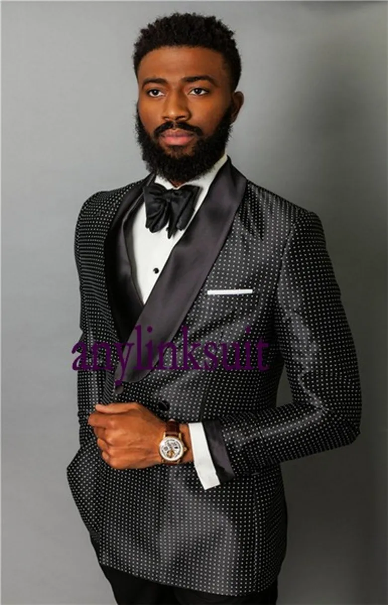 Hot Selling Double-Breasted Shiny Black Dots Groom Tuxedos Shawl Lapel Wedding/Prom/Dinner Groomsmen Men Suits Blazer (Jacket+Pants+Tie) W1490