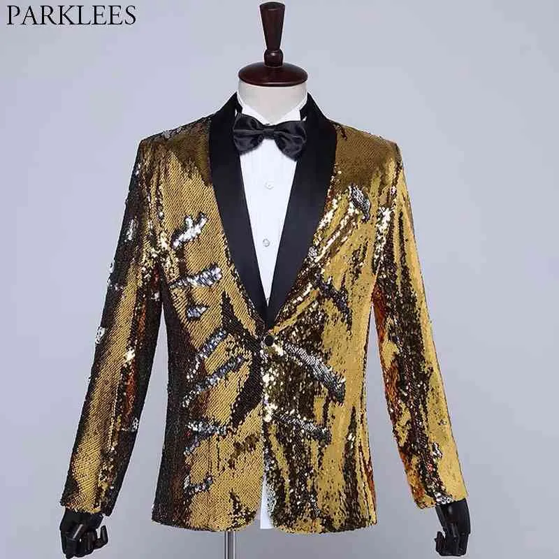 Luxury Gold Sequin Glitter Suit Jacket Men Shawl Collar 1 Button Mens Dress Blazers Wedding Party Prom Stage Clothes for Singers 210522