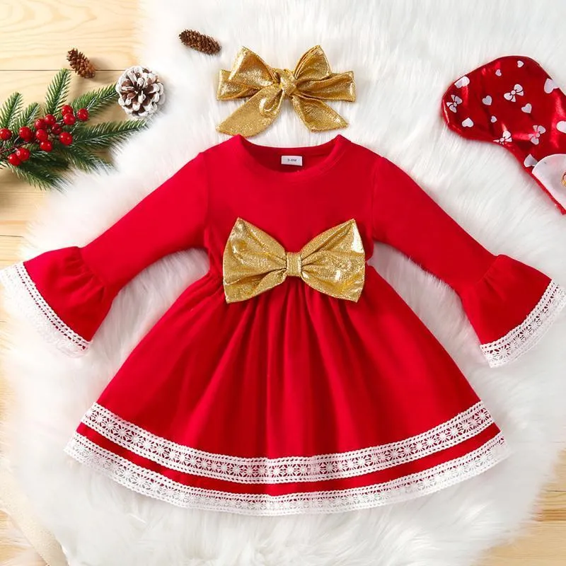 Bébé fille Robe à imprimé Noël à nœud papillon avec bandeau