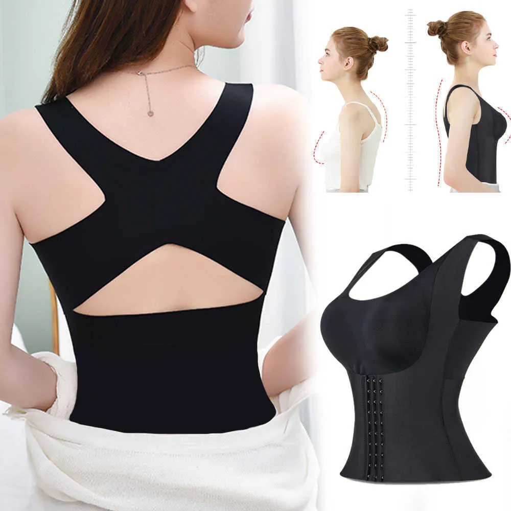 Women Reducing Girdle Posture Corrector Bra Seamless Underwear Slimming Belly Sheath Cross Back Tank Tops Body Fitness Vest 210708