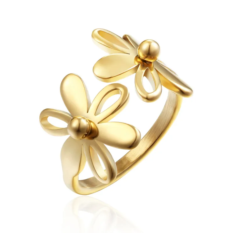 Personalidade 18k banhado a ouro anel de girassol de aço inoxidável para as mulheres presente
