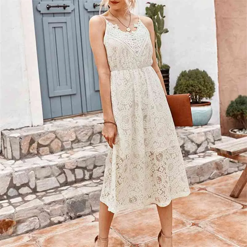 Foridol black white lace dress women spaghetti strap long dress summer beach sundress elegant office lady midi dress vestidos 210415