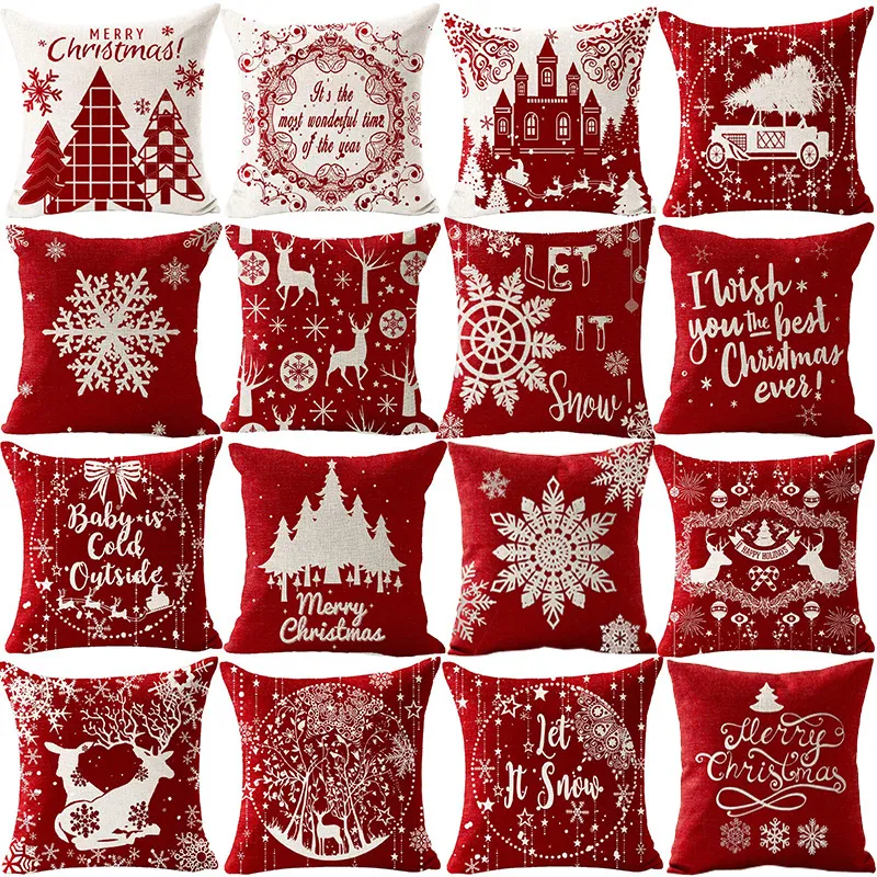 Housse de coussin de noël avec lettres rouges, taie d'oreiller imprimée en forme d'élan, taie d'oreiller en lin, vente en gros transfrontalière amazon, marque lgo personnalisée