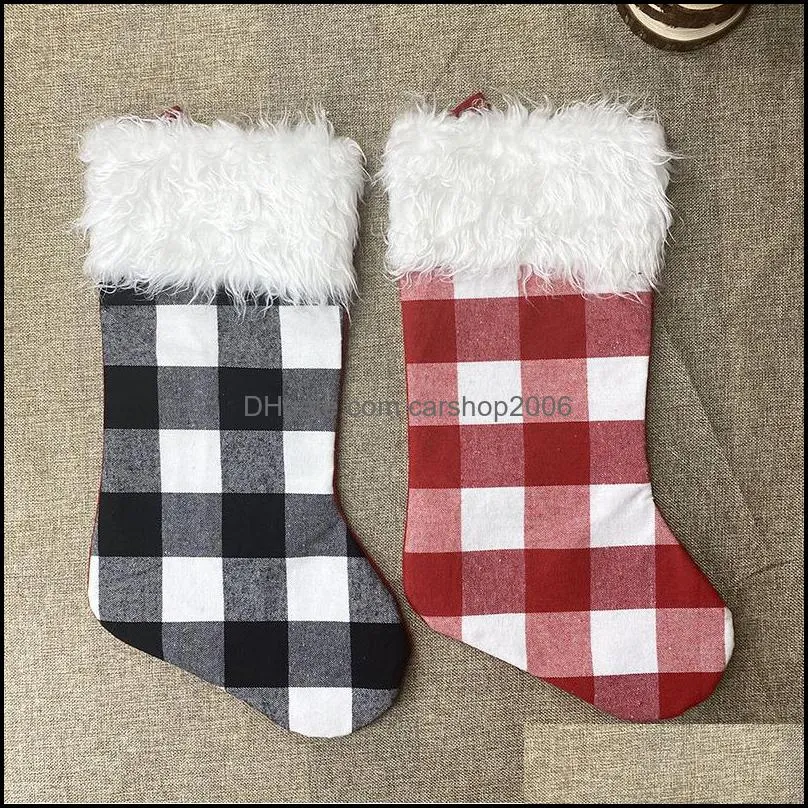  Plaid Christmas Stocking Faux Fur Cuff Fireplace Hanging Gifts Bag Family Holiday Xmas Party Decor JK2011PH