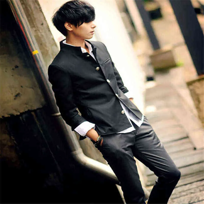 Men Black Slim Tunic Jacket Single Breasted Blazer Japanese School Uniform College Coat 211111