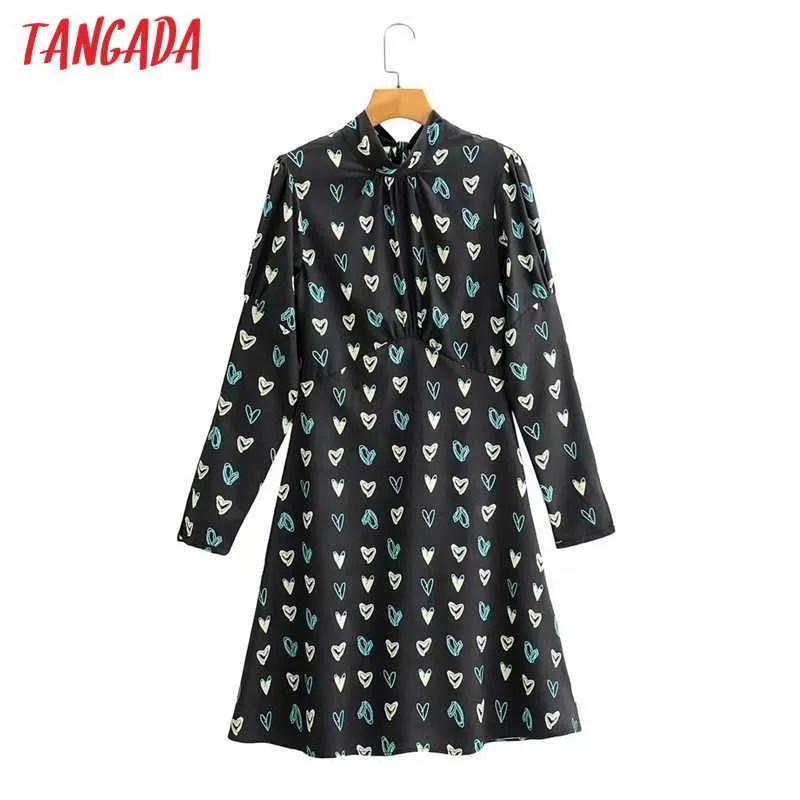 Tangada Femmes Bow Print Stand Collar Robe à manches longues Sexy Back Bow Robe courte 2F156 210609