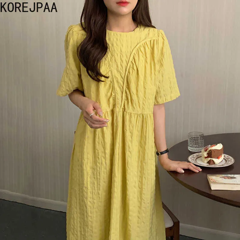 Korejpaa Women Dress Coreano Fashion Chic Elegante Gentle Yellow O-Collo Fold Plaid Design Allentato Manica corta Vestido lungo 210526