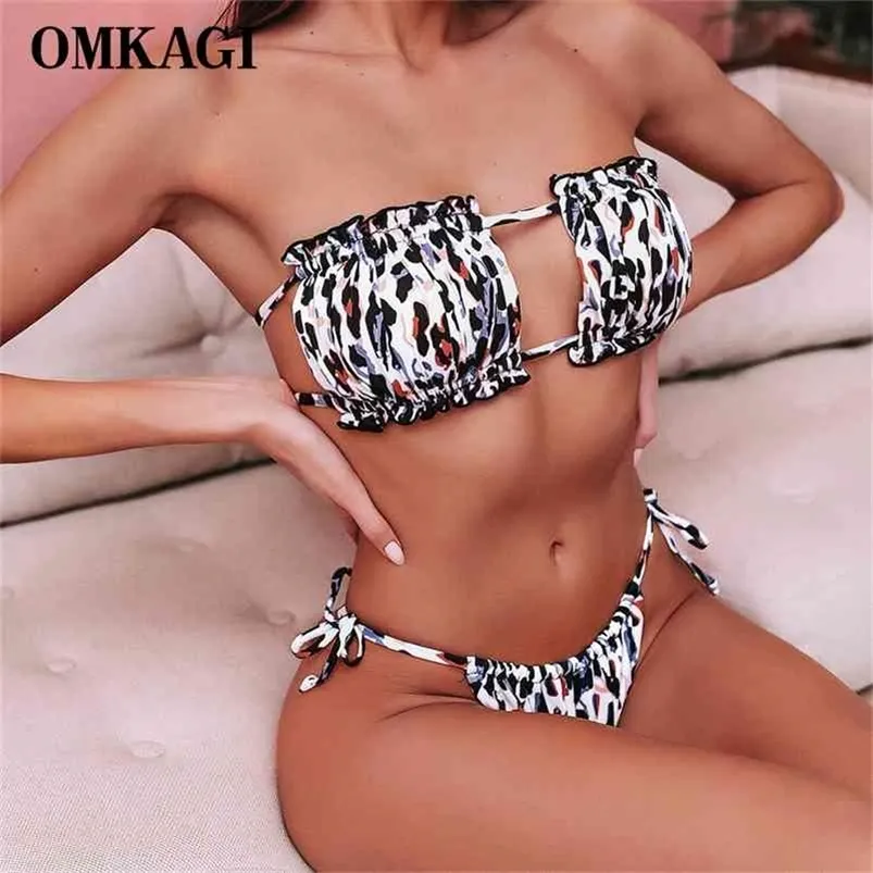 Omkagi Bandeau Bikini Swimsuit Kobiety Stroje Kąpielowe Biquinis Sexy Push Up Siatek Kąpielowy Kostium Kąpielowy Beachwear Micro Set 210624