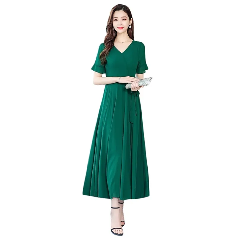 Green Dress Women Black Blue 3XL Plus Size Chiffon Ankle-length es Summer Boho Beach Short Sleeve Maxi LR190 210531