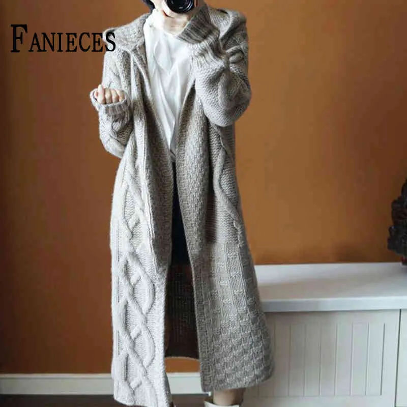 Höst vinter stickning koreanska stil tröja coat hooded kvinnor midi lång lös cardigan twist tjocka lager streetwear 210520