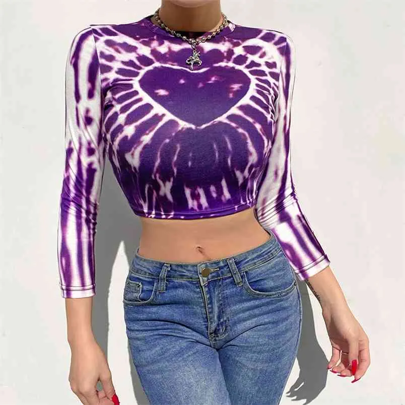 Tie Dye Sweet Heart Print Y2K T-Shirts With Three Quarter Sleeve Harajuku Women Summer Crop Top For Girls Kawaii Tees Shirt 210510