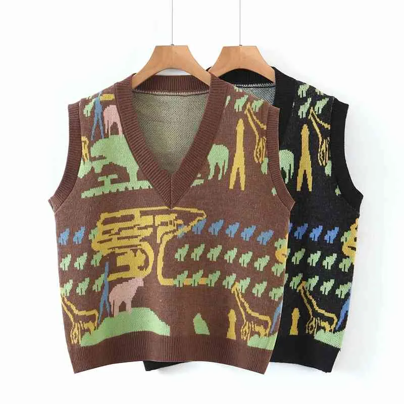Vintage Jacquard Abstracting Sweater Vest For Women V Neck Knitted