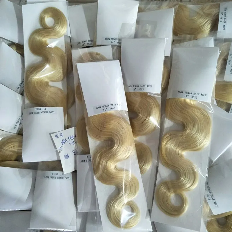 Ny ankomst Body Wave Human Hair Bunds Russian Virgin Hair Blond Color 613 Weave 100Grams Piece 3 eller 4 PCS mycket gratis