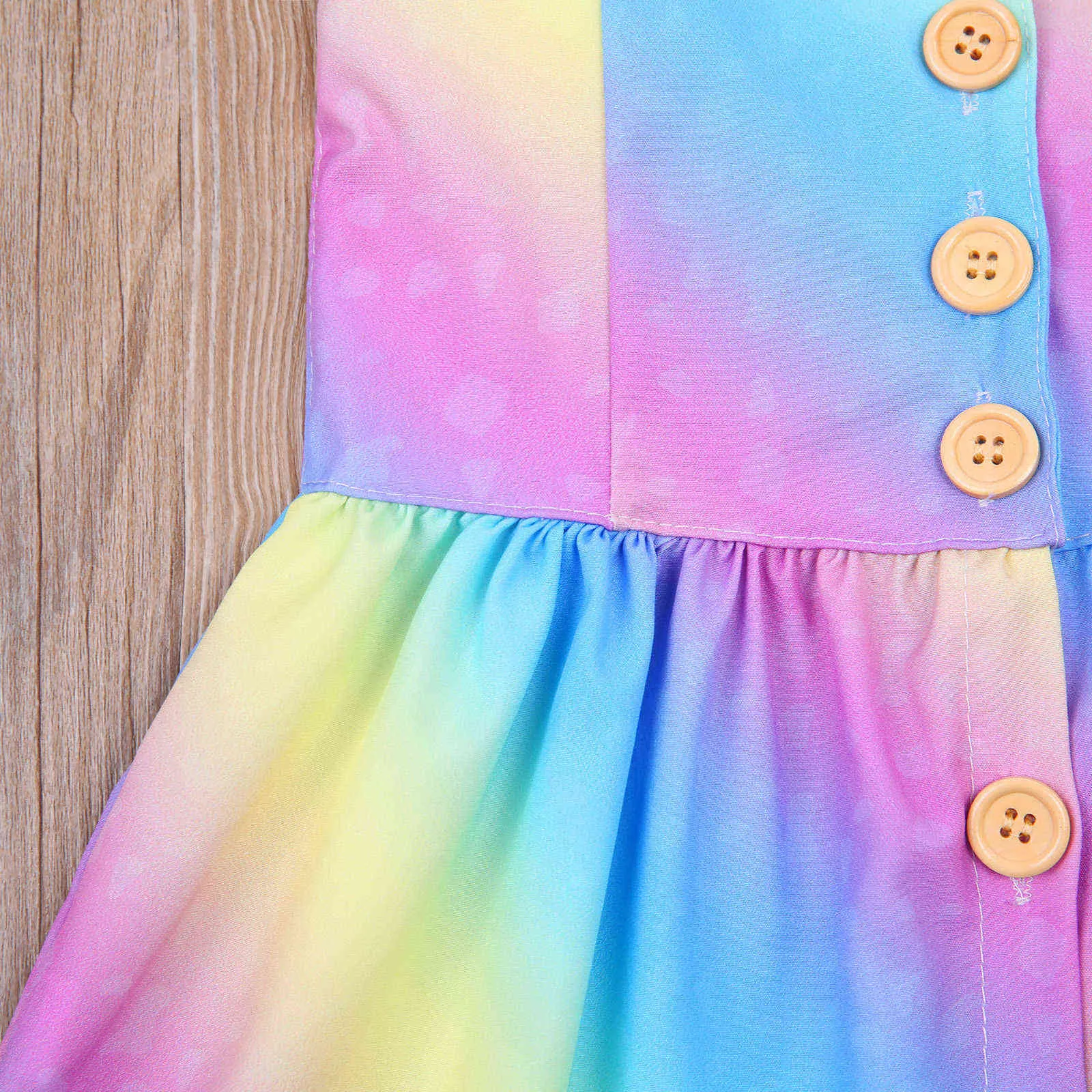 Nieuwe 1-6Y Zomer Mooie Peuter Meisjes Jurk Rainbow Print Mouwloze Ruches Single Breasted Knielengte Sundress Q0716