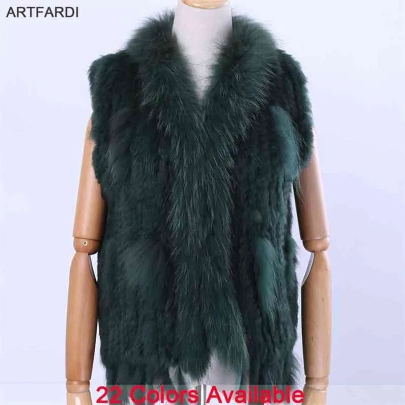 Kvinnors Lady Äkta riktigt stickade kaninpälsvästar Tassels Raccoon Fur Trimming Collar Waistcoat Fur Ärmlös Gilet 210925