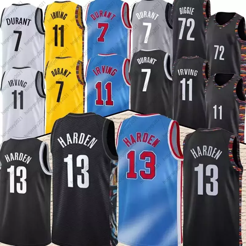 2021 빈티지 브루클린 13 Harden Jersey Kevin 7 Durant Kyrie 11 Basketball Irving Jersey Black 2021 도시 블루 유니폼 새로운 시즌 농구 Jesreys 크기 S-2XL