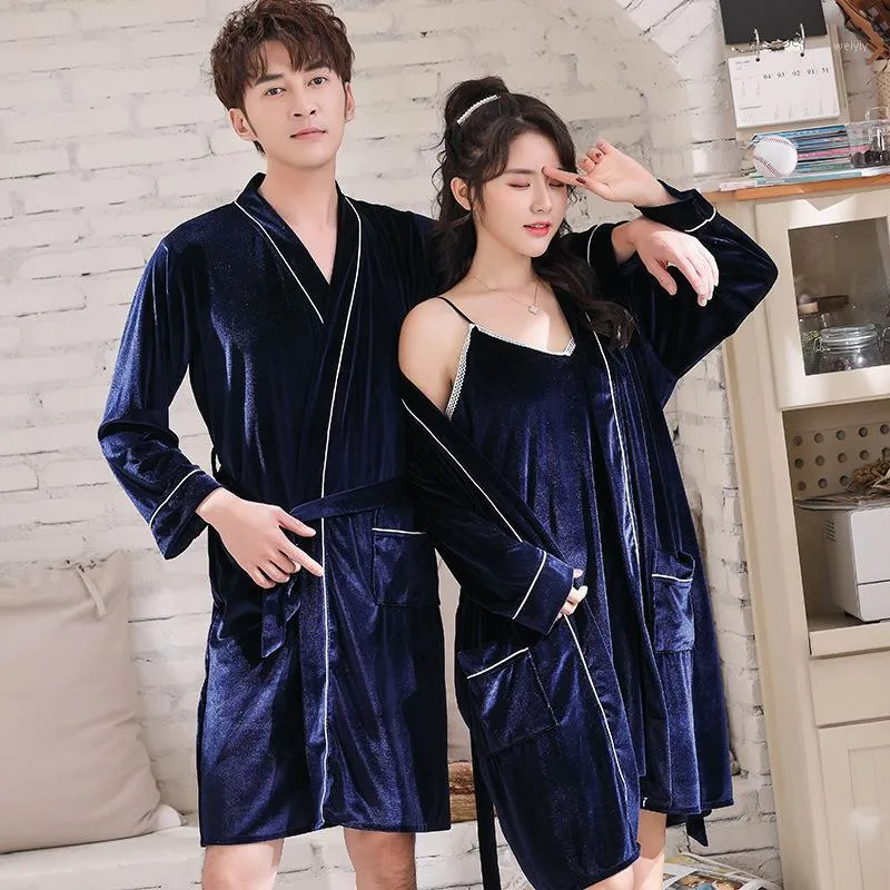 Damska Pary Welor Szata Jesień Zima Koszula Koszulka Kimono Kimono Kochankowie Szlafrok Blue Velvet Nightwear Home Dressing