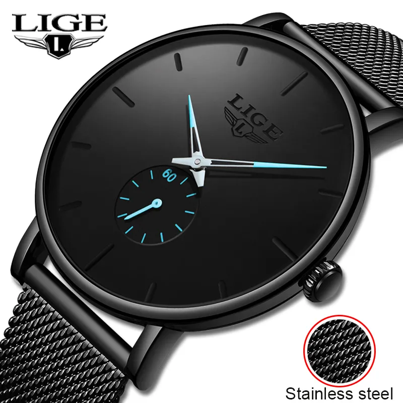 Lige 2020ニューファッションスポーツメンズウォッチトップブランド高級防水シンプルな超薄い時計メンズクォーツ時計レオリージョマスカリノQ0524