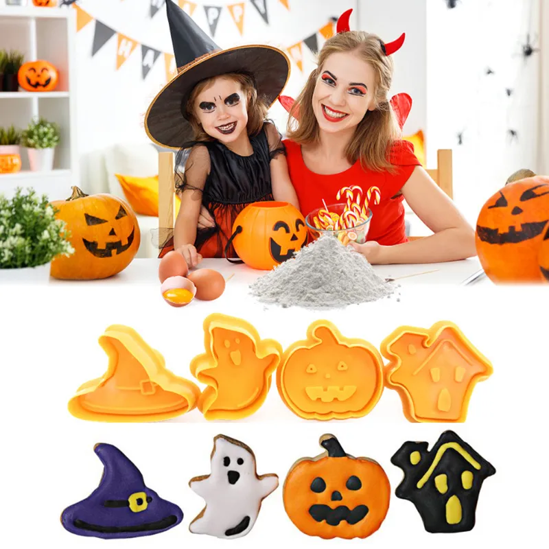 4 stuks / set 3D cartoon biscuit zoete cakevorm diy halloween suiker draaiende lente driedimensionale pompoen