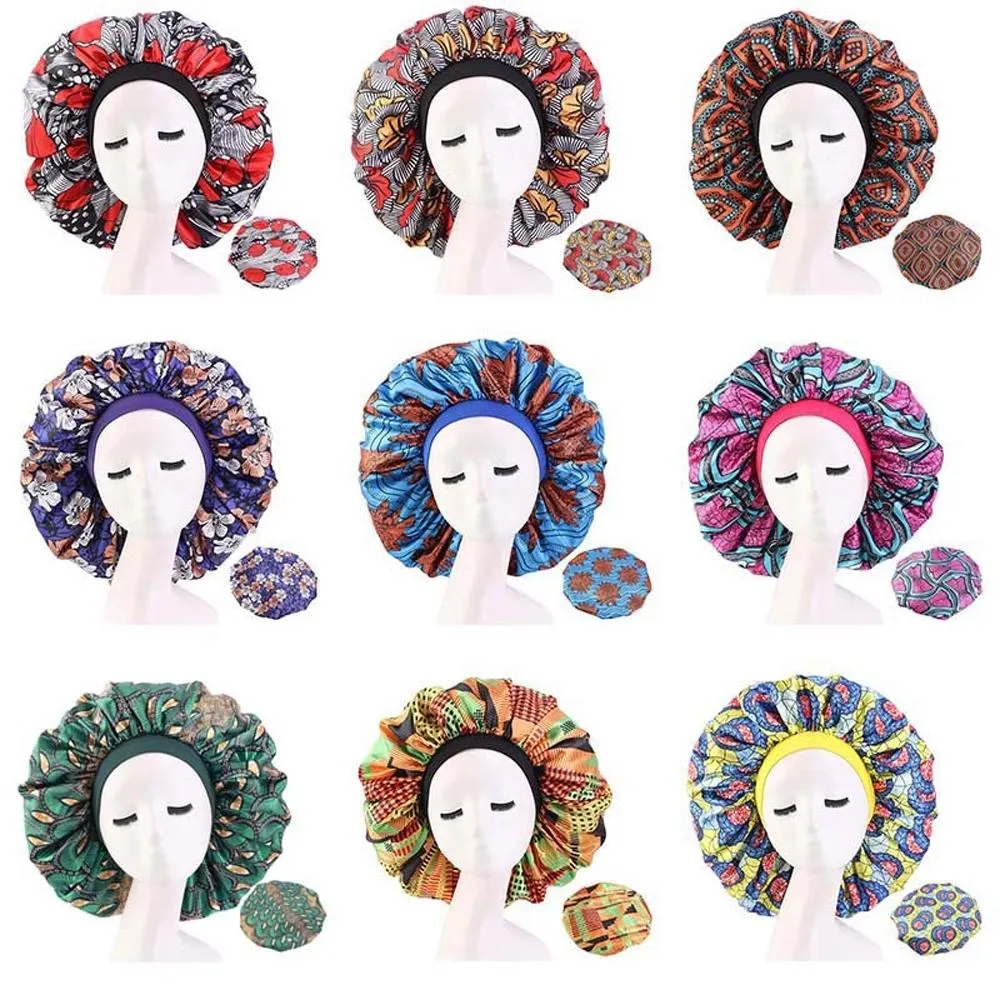 Dames Bonnet Afrikaanse print Satijn Stof Ankara Nacht Slaap Cap Elastische Wijd Moslim Turban Bandanas Hoofddeksels Hoofdbanden Wrap