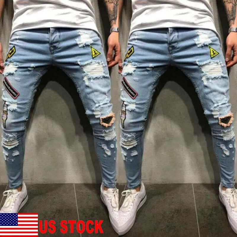 Mens Hip Hop Stretchy rippade magra jeans förstörde Frayed Slim Fit Denim Pants Byxor Men290y