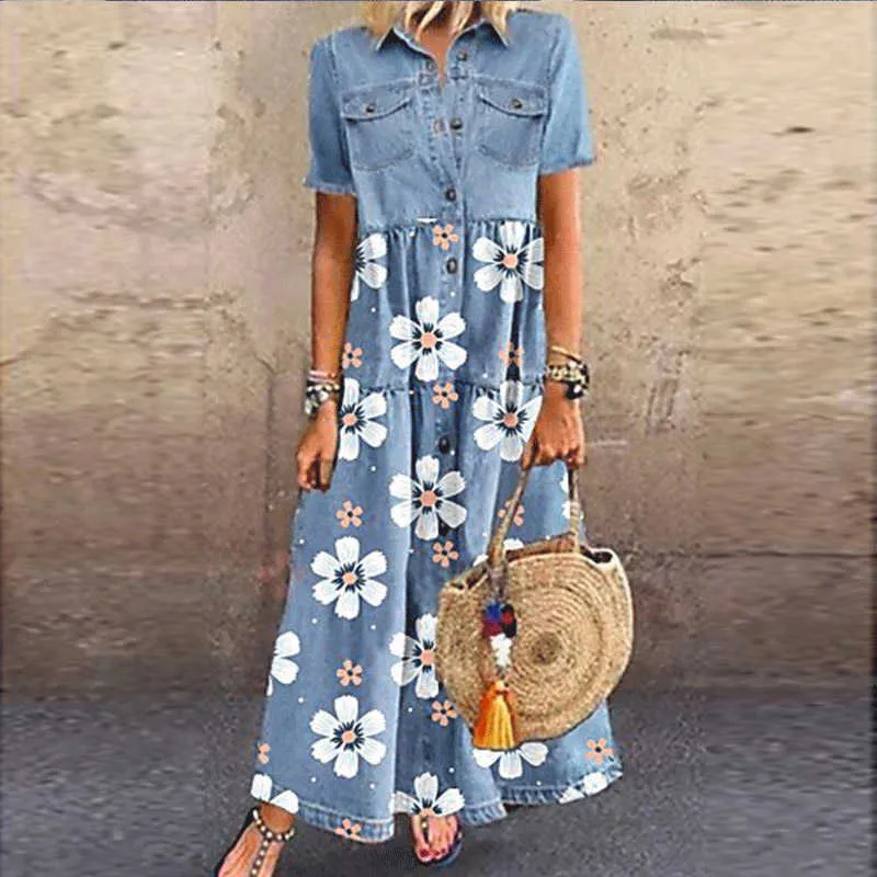 Sommer Druck Denim Kleid Frauen 2021 Casual Button Up Tasche Blau Kurzarm Maxi Kleider Plus Größe Lange Kleider Vestidos 5XL Q0712