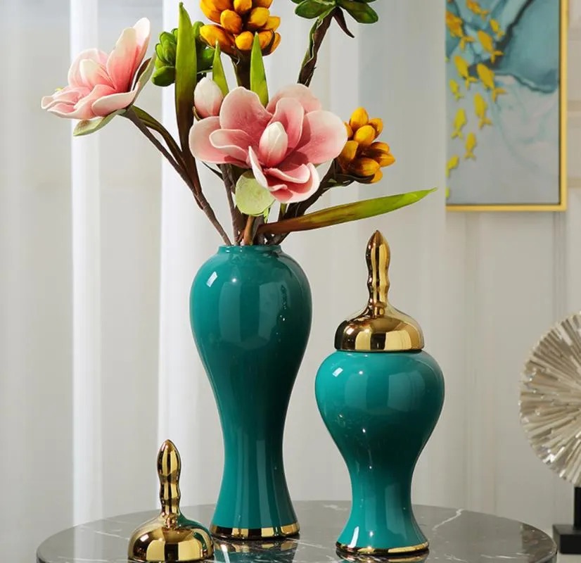 Vases Europese Stijl Vert foncé Keramische Opslag Pot Met Deksel Emaille Heldere Vergulde Bloemen Woondecoratie Art