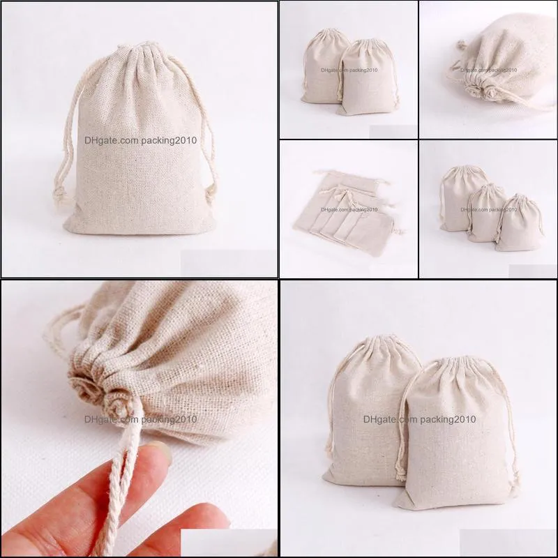 Gift Wrap 100pcs/lot Natural Color Cotton Bags Small Party Favors Linen Drawstring Bag Muslin Pouch Bracelet Jewelry Packaging Bags1