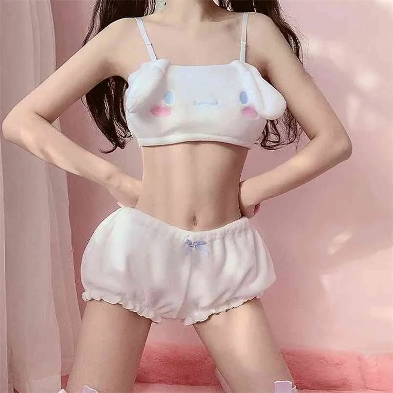 Bunny Pigiama Set Kawaii Fluffy Pigiama Cute Velvet Tube Top e mutandine Fuzzy Anime Long Ear Bra Cartoon Underwear 210809