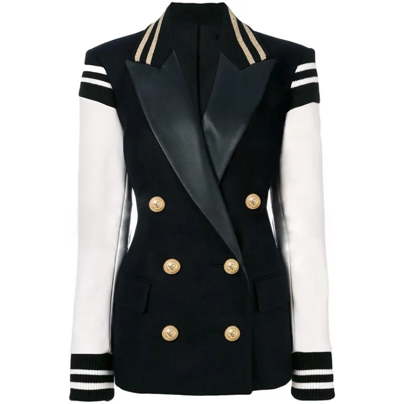 Hoge kwaliteit Est Fashion Designer Blazer Leren Patchwork Double Breasted Klassiek Varsity Jacket