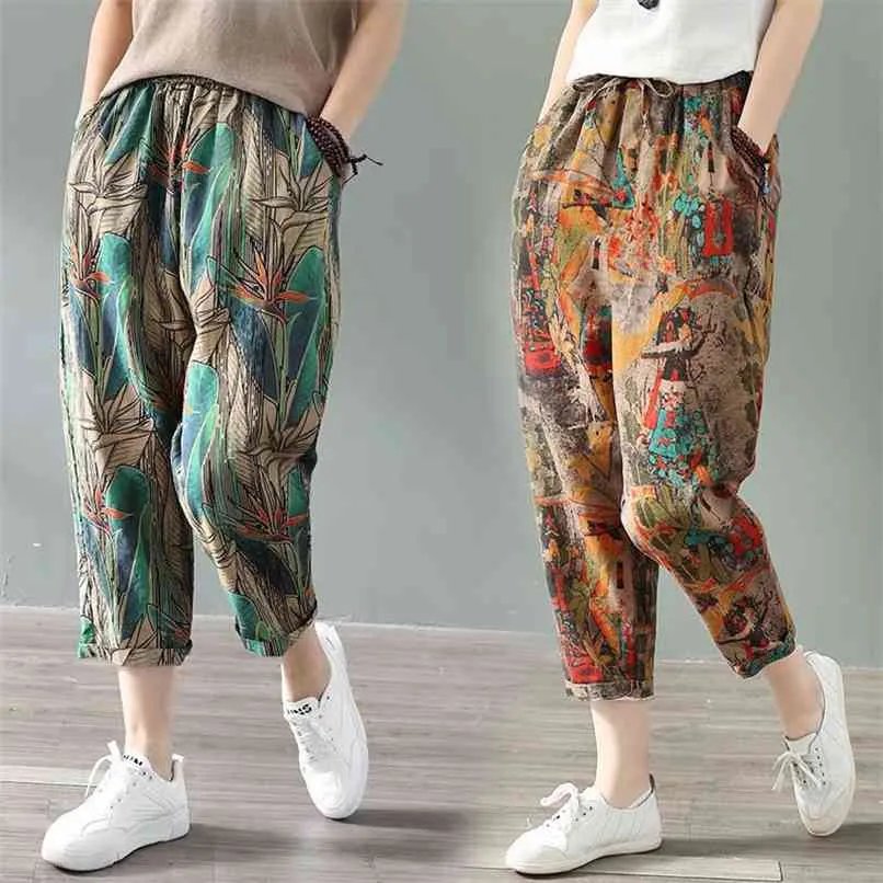 Damskie spodnie boho Harem luźne ponadgabarytowe mieszane bawełniane lniane Streetwear hip-hopowe spodnie do tańca etniczny nadruk Hippie Pant 210915