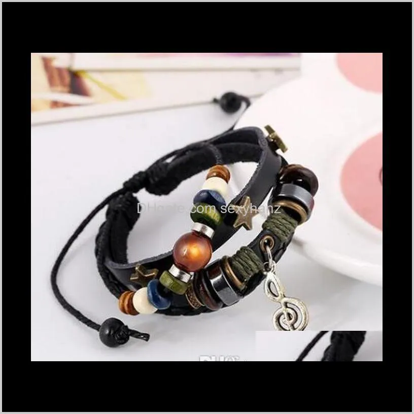 punk beaded leather multilayer wrap bracelet mens vintage alloy star music note charm pendant bracelet men jewelry