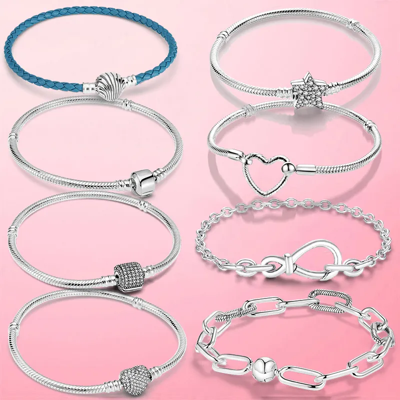 Pulseira Bracelet Femme 925スターリングシルバーハートスネークチェーンブレスレット用オリジナルチャームビーズジュエリーギフト