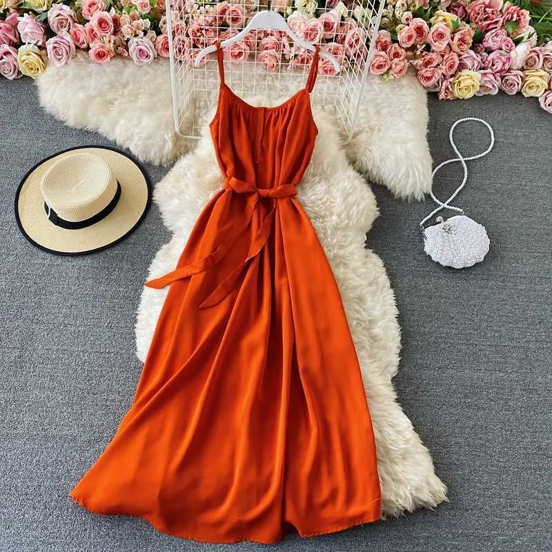 Femmes Sexy Orange Spaghetti Sangle Longue Robe Femmes Été Vacances Plage Big Swinger Party Maxi Robes Femme 2021 Nouvelle Mode Y0603