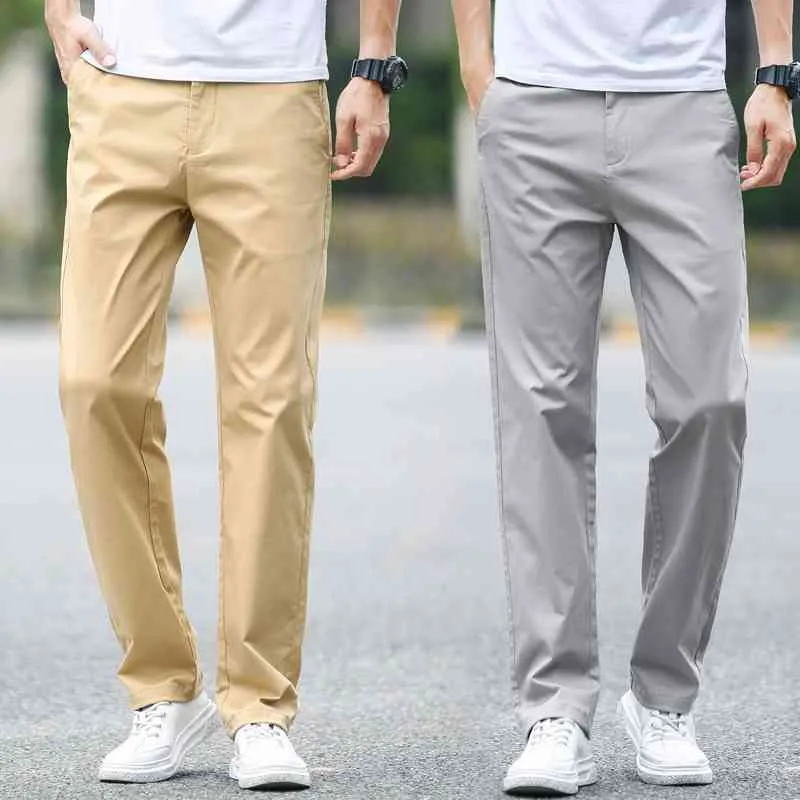 Verão Novos Homens Fino Algodão Khaki Calças Casuais Negócios Cor Sólida Calças Trousers Marca Cinza Masculino Plus Size 40 42 44 210406