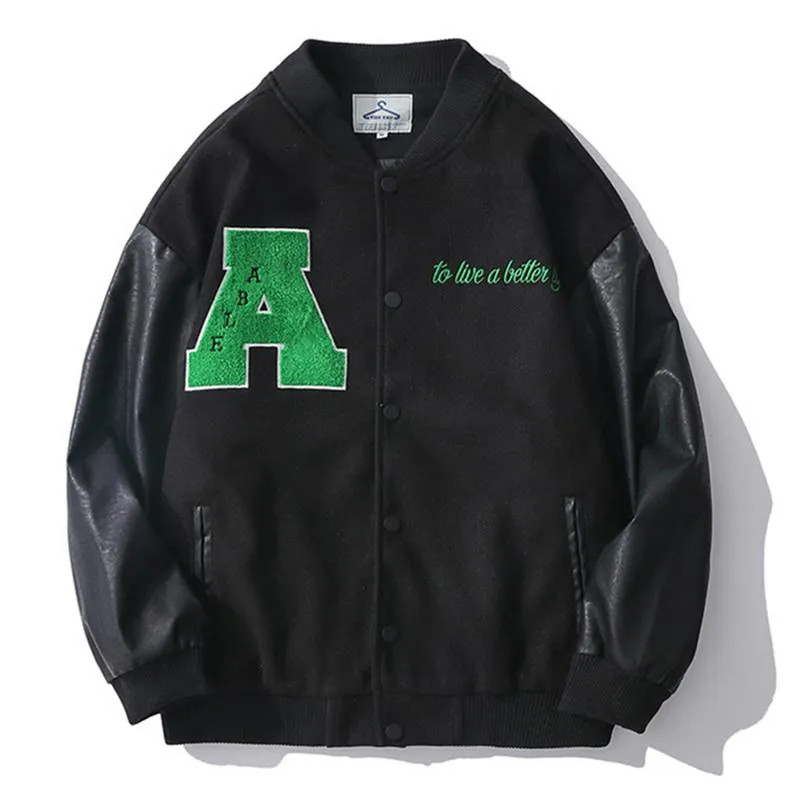 Mäns Jackor Hip Hop Baseball Jacket Coat Män Storbok En Broderi Leather Patchwork College Varsity Bomber Streetwear Harajuku