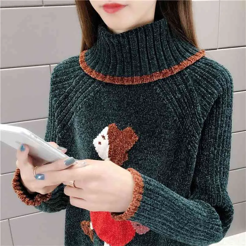 Spring And Autumn Chenille Turtleneck Sweater Female Embroidery Cartoon Image Pullover Loose Knitted Base Shirt 210427