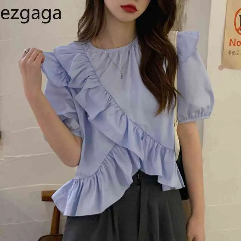 Ezgaga Koreaanse Mode Ruffles Vrouwen Blouse Blauw Shirts Zomer Korte Mouw Solid All-Match Crop Tops Sweet Casual Blusas 210430