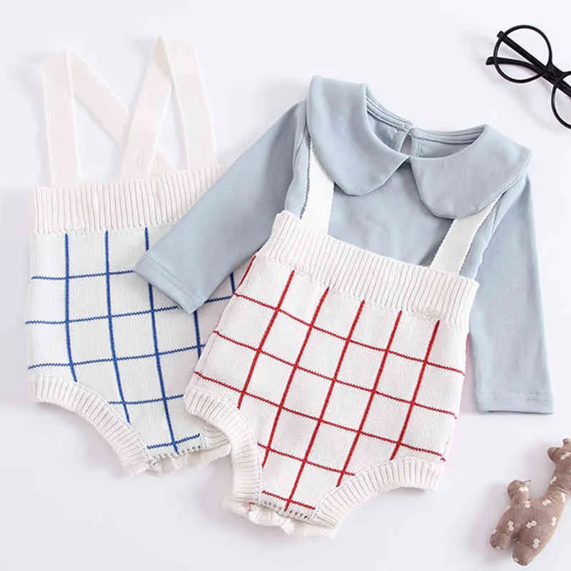 born Boys Girls Grid Braces Jumpsuits Clothes Spring Autumn Baby Rompers Knitted Children 210429