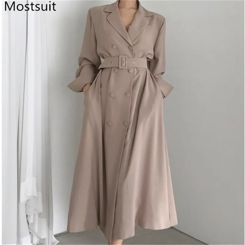 Spadek Winter Fashion Casual Trench Coat z Sashes Kobiety Dwurzędowe Dwułacze Oversize Vintage Long Coats Płaszcze Femme 210513