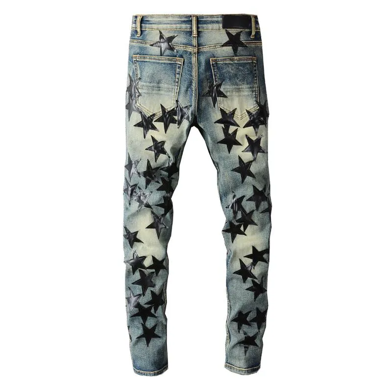 Erkek kot pantolon high Street yıldızları Deri diz bıçağı kesilmiş delikler retro sıkıntılı pantolonlar erkekler için ince pantolon 694268m