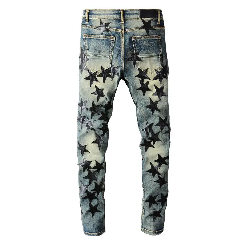 Jeans masculinos homem high street estrelas lutando couro joelho faca corte buracos retro angustiado calças finas para homem 694260b