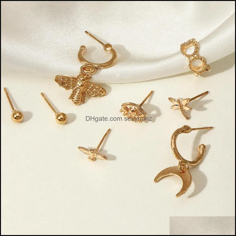 S2358 Fashion Jewelry Stud Earrings Set Animal Earring Dragonfly Bee Eye Moon Multiple Ear Clip 8pcs/set