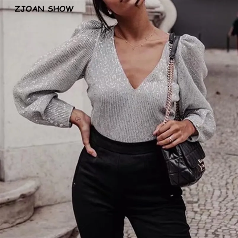 V neck Stitching Bright Silver Sequins Long sleeve Shirt Elegant Women Summer Puff Sleeve Pullover Blouse Tops 210429