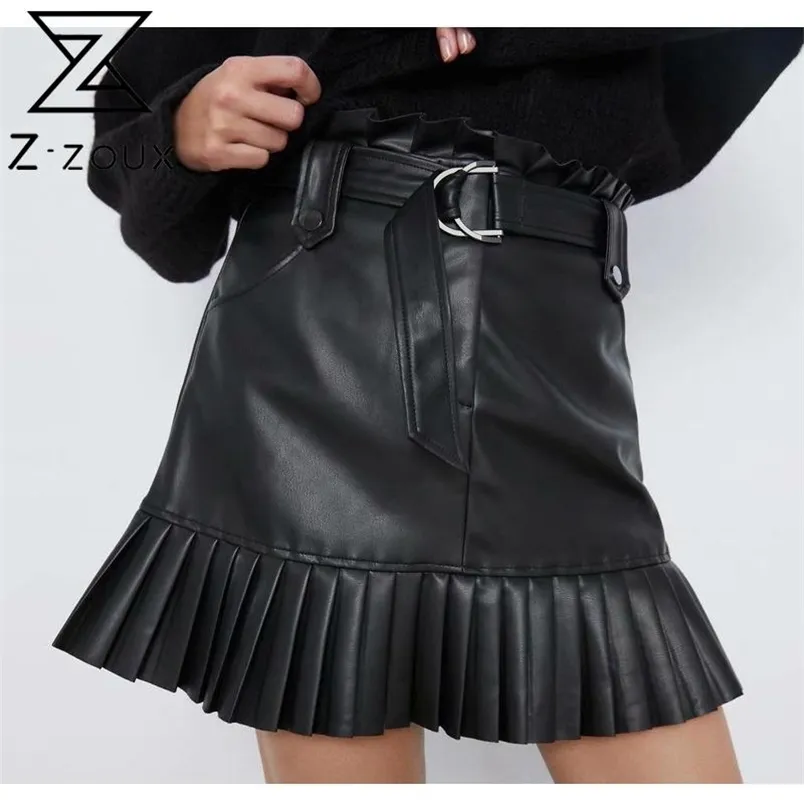 Women Skirt High Waist Pleated Black Pu Leather Plus Size All Match Short Summer s Clothes Fashion 210513