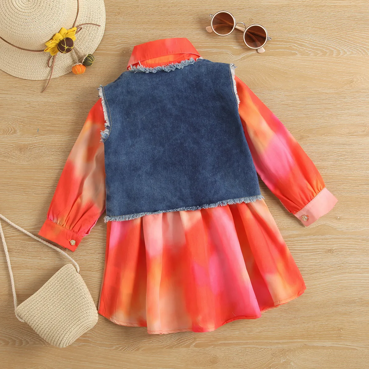 kids clothes girls Tie dye Shirt dress children princess Dresses with denim waistcoat vest fashion Spring Autumn Korean version Boutique baby Clothing Z4940